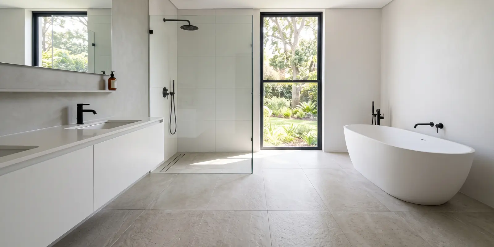 Large-format porcelain tile in a bathroom