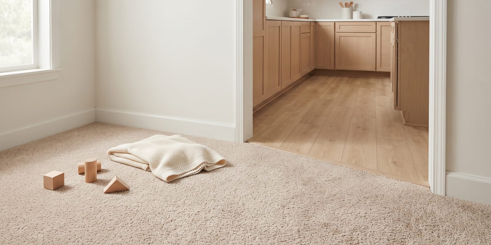 A carpeted playroom opening through a wide doorway into a kitchen with wood-look vinyl plank, the two floors meeting at the threshold